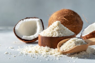 Fototapeta premium Freshly grated coconut in a bowl with a wooden scoop and coconut halves on a light surface