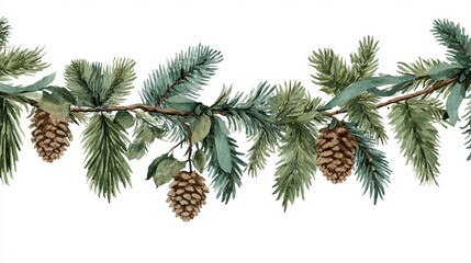 Fototapeta premium Christmas garland made of fir, pine cones and bows depicted in watercolor
