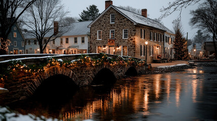 A historic stone bridge in a snowy town with holiday decorations