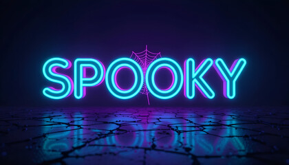 Cyan Neon SPOOKY Sign with Spiderweb Reflection on Dark Ground