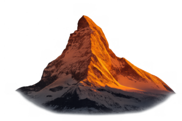 Matterhorn mountain peak glowing golden during sunset or sunrise, iconic alpine summit against transparent background
