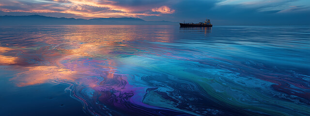 Naklejka premium Oil spill pollution with rainbow colors on ocean. Boat moves across water as a colorful oil spill spreads, creating rainbow-like pollution patterns on the ocean surface at sunset.