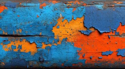Close-Up of Weathered Blue and Orange Peeling Paint on Wood, Showing Rustic Texture, Cracked Surface, and Vintage Grunge Background
