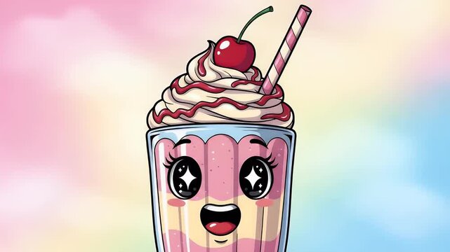 Cute kawaii cartoon milkshake cherry whipped cream sweet treat