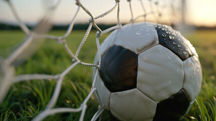 Soccer Goal: A close-up view of a soccer ball nestled inside the net, symbolizing triumph, competition, and the thrill of the game.