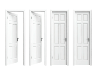Four white panel doors, two open, two closed
