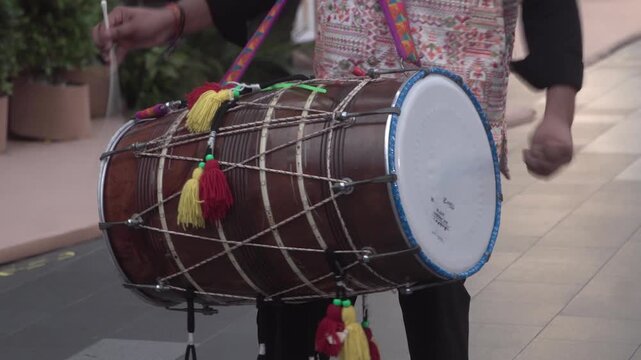 Indian Dhak dhol or special indian drum performing.	