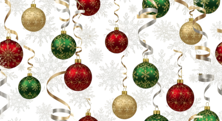 Christmas ornaments and snowflakes pattern, isolated on transparent background
