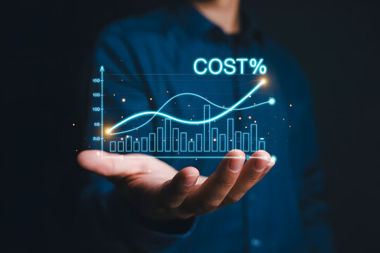 cost percentage dashboard with rising line and bar chart in hand