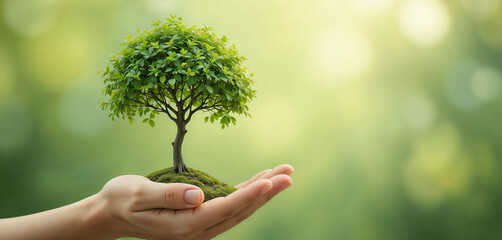 Close-up of hand with tree, blurred nature background, Earth Day concept.