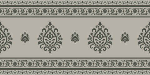 Ethnic pattern design with ornamental floral motifs and decorative border in muted green on beige background creating elegant style