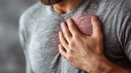 Man Experiencing Chest Pain While Wearing Gray T-Shirt in Soft Natural Light Setting