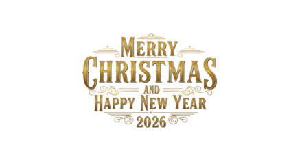 Golden Merry Christmas and Happy New Year 2026 greeting, isolated on transparent background