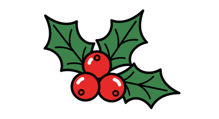 Cartoon holly sprig with three red berries and green leaves.