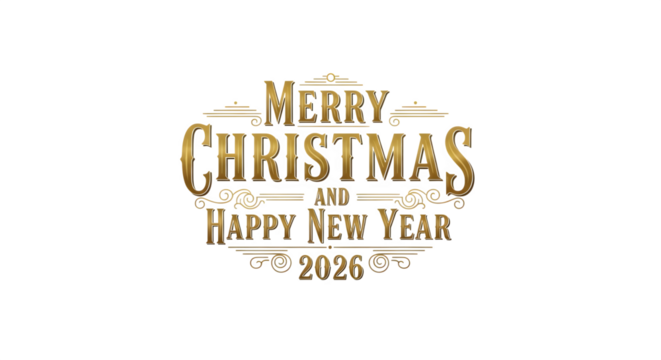 Golden Merry Christmas and Happy New Year 2026 greeting, isolated on transparent background