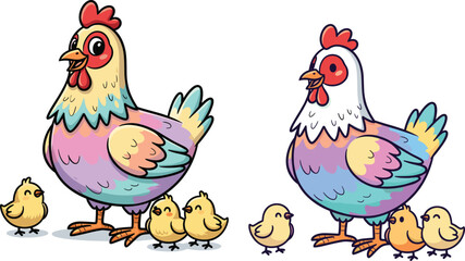 Cartoon hen, baby chicks, colorful feathers, cute farm animals, playful poultry, vibrant illustration, whimsical style, happy birds, white background, children theme