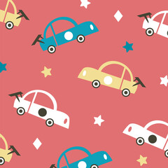 cars and stars seamless pattern vector cartoon for kids apparel fullprint fabric