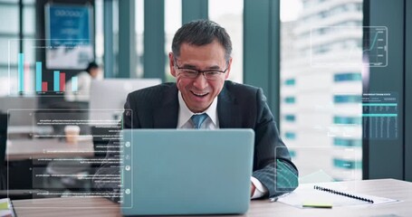 Smile, trading and laptop with business man in office for tracking stock market, graph overlay and research. Broker data, account review and mature person in agency for investment profit and report - Powered by Adobe