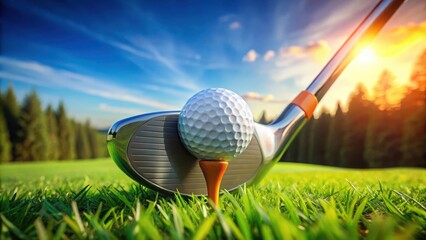 A golf club poised to strike a golf ball on a tee, set against a sunny sky and lush green fairway