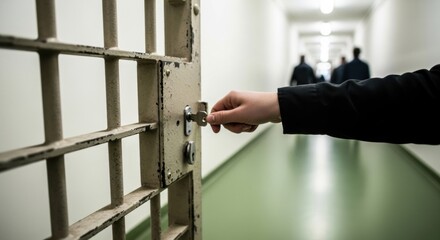Jail Cell Door Unlocking with Key, Silhouetted Figures in Hallway