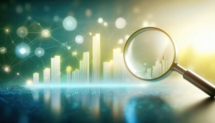 Exploring digital marketing analytics through modern design elements and a magnifying glass highlighting data visualization
