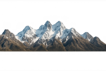 Mountain range panorama featuring jagged snow-covered peaks and rocky slopes on a transparent background