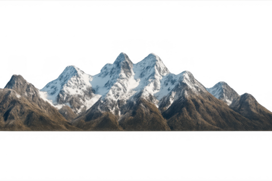 Mountain range panorama featuring jagged snow-covered peaks and rocky slopes on a transparent background