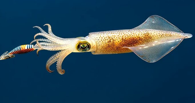 Colorful squid swimming gracefully in deep ocean waters, with a small fish nearby, showcasing marine life