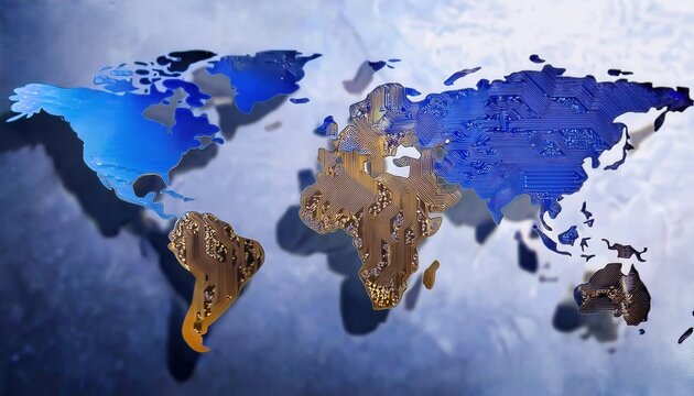 Digital world map on a circuit board with brown, orange, and black color theme representing global connectivity