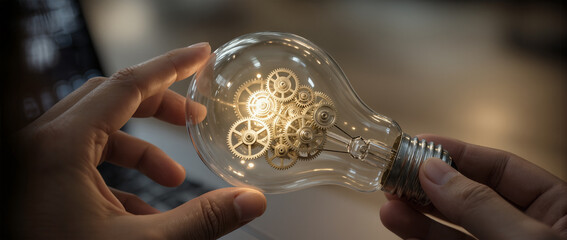 Man holding a light bulb And there is a gear icon in it And he is using a notebook computer, The idea of inspiration from online technology, innovation idea concept