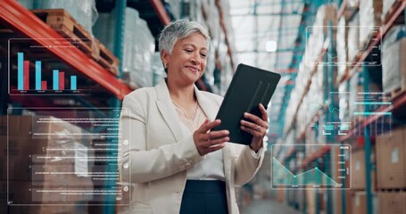 Overlay, tablet and thinking with woman in warehouse for inventory, stock or storage management. App, digital data and supply chain statistics with mature employee in depot for logistics or planning - Powered by Adobe