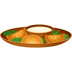 Traditional Syrian Cuisine Appetizer Platter Featuring Golden Fried Pastries Served With A Creamy Dipping Sauce And Garnished With Green Herbs On A Brown Textured Plate