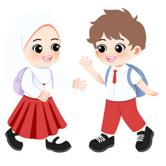 Two cheerful Indonesian students in school uniforms, greeting each other with backpacks and smiles
