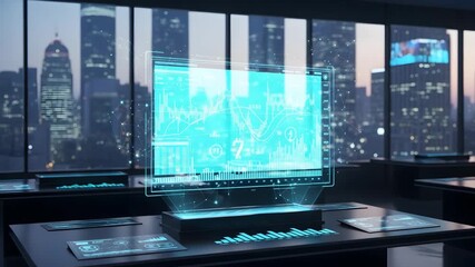 Abstract digital interface with glowing neon blue light display - Powered by Adobe