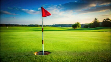 Obraz premium Closeup of a red golf flag and hole on a perfectly manicured green golf course under a blue sky