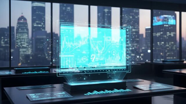 Abstract digital interface with glowing neon blue light display - Powered by Adobe