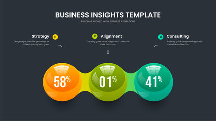 Marketing Planning Three Element Chart Slide Design. Modern Launch 3 Option Graph Frame Layout. Market Report Slideshow Template Vector Illustration.