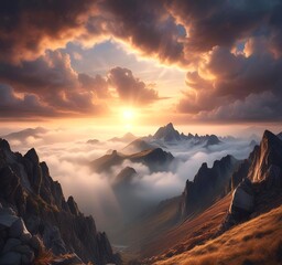 Fototapeta premium Epic view of mountain ridge above clouds, dramatic sunlight