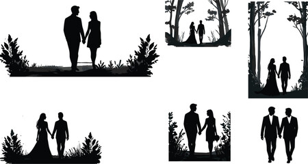 Couple walking silhouette, romantic nature scene, peaceful forest path, love in motion, black shadow art, emotional connection, serene outdoor moment