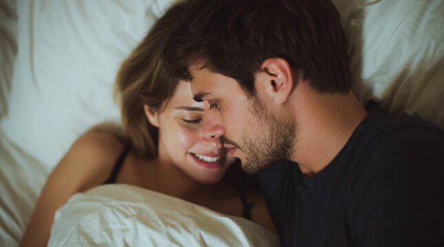 A couple of lovers in bed. Tension. I love you. Intimacy. A boyfriend whispering some nice words to his girlfriend and she is in mood