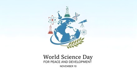 Promote World Science Day for Peace and Development with this vibrant design featuring Earth, beakers, and symbols of scientific exploration