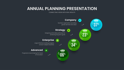 Minimal Profile 4 Step Graph Slideshow Template. Service Growth Four Option Infographic Slide Layout. Elegant Solution Frame Design Vector Illustration.