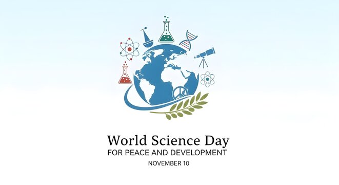 Promote World Science Day for Peace and Development with this vibrant design featuring Earth, beakers, and symbols of scientific exploration