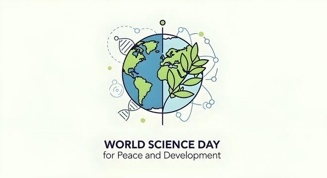 Striking World Science Day design promoting global peace and development, featuring earth, DNA strands, and organic elements, perfect for educational campaigns