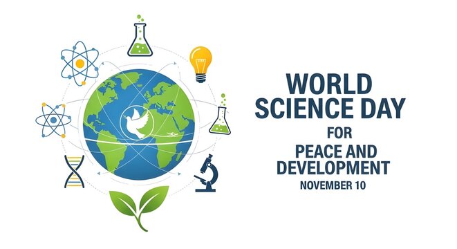 Promote World Science Day with this vibrant graphic featuring Earth, science tools, and a dove symbolizing peace and progress for global development - Powered by Adobe