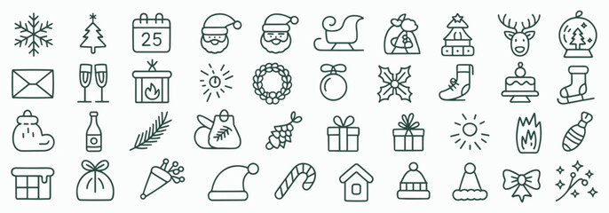 Collection of simple line art icons for Christmas and winter holidays vector illustration