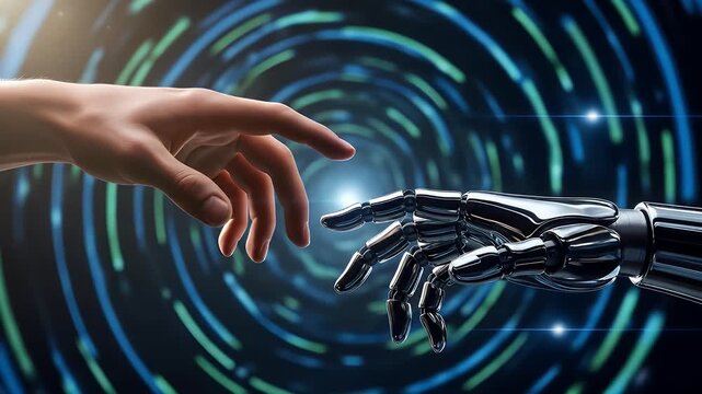 Human and robot hands touching on digital background