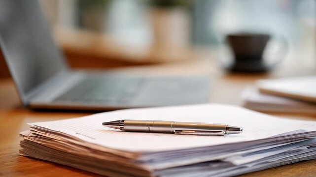 A stack of papers with a pen on top rests on a wooden desk, with a laptop and a coffee cup blurred in the background.