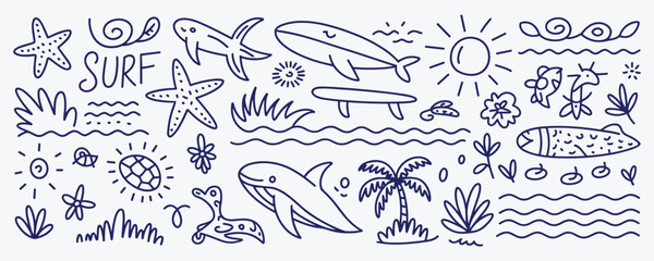 Fototapeta premium Hand Drawn Blue Doodles of Surfing Beach and Ocean Life on White Background vector illustration