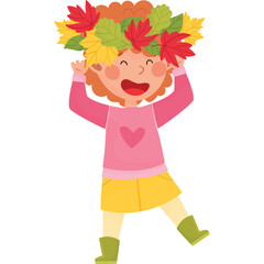 Joyful Young Girl Wearing a Colorful Autumn Leaf Crown With Red Yellow Green Leaves and a Pink Heart Sweater and Yellow Skirt